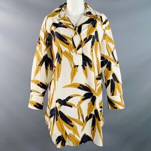MARNI Size 2 White Mustard Cotton Tropical Leaves Half Placket Pullover
